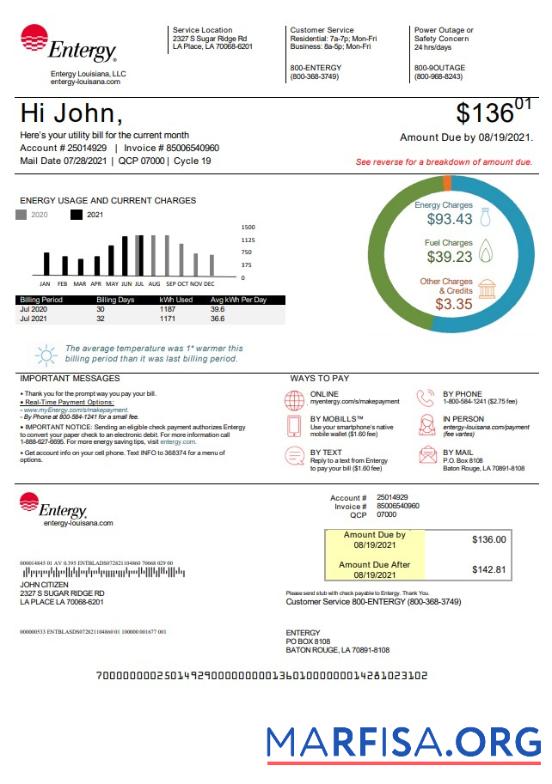 Downloadable USA Louisiana Entergy utility bill template in Word and PDF format, version 2